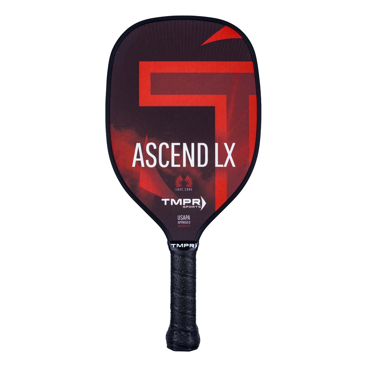 Front view of a black pickleball paddle with red graphics, ASCEND LX text, and a black grip.