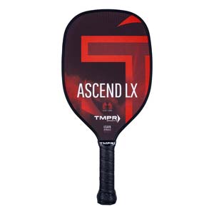 Front view of a black pickleball paddle with red graphics, ASCEND LX text, and a black grip.