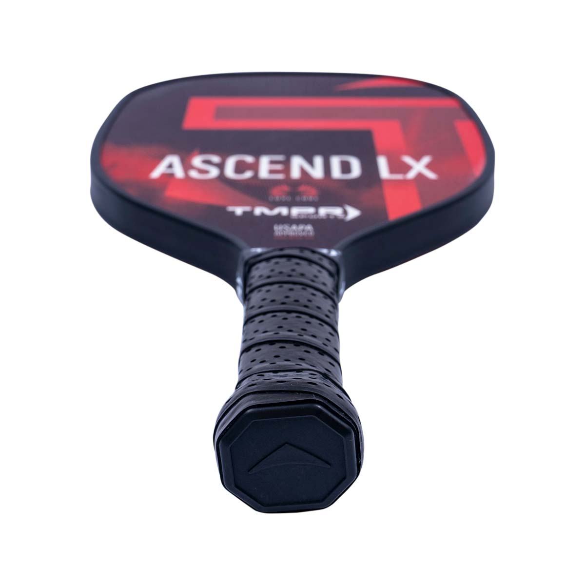 Top-down view of a black pickleball paddle with red ASCEND LX text and a perforated grip.