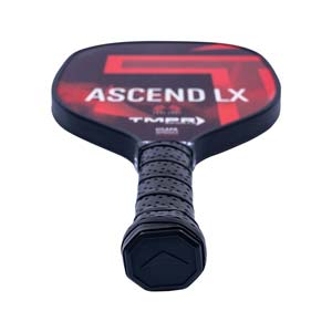 Top-down view of a black pickleball paddle with red ASCEND LX text and a perforated grip.