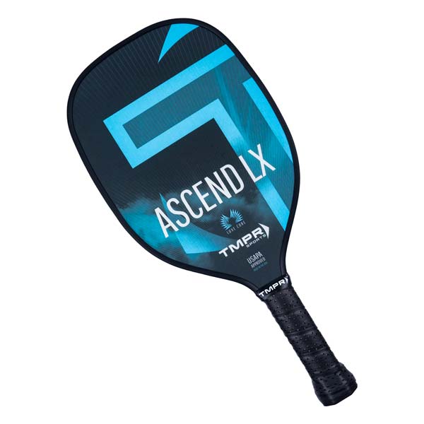 Front view of a black pickleball paddle with blue geometric accents, ASCEND LX text, and a black grip.