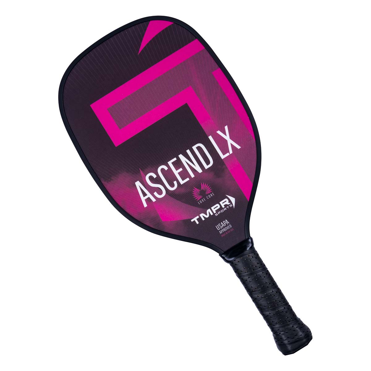 Front view of a black pickleball paddle with pink geometric accents, ASCEND LX text, and a black grip.