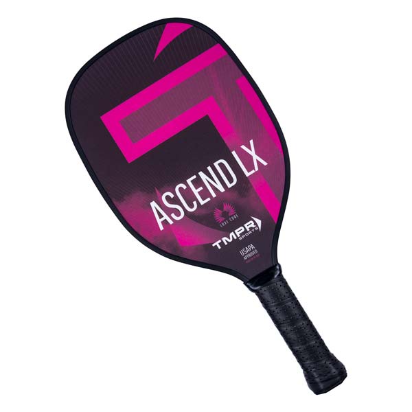 Front view of a black pickleball paddle with pink geometric accents, ASCEND LX text, and a black grip.
