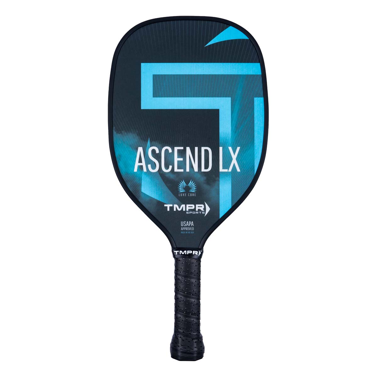 Front view of a black pickleball paddle with blue accents, ASCEND LX text, and TMPR branding.