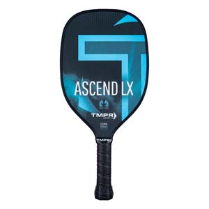 Front view of a black pickleball paddle with blue accents, ASCEND LX text, and TMPR branding.