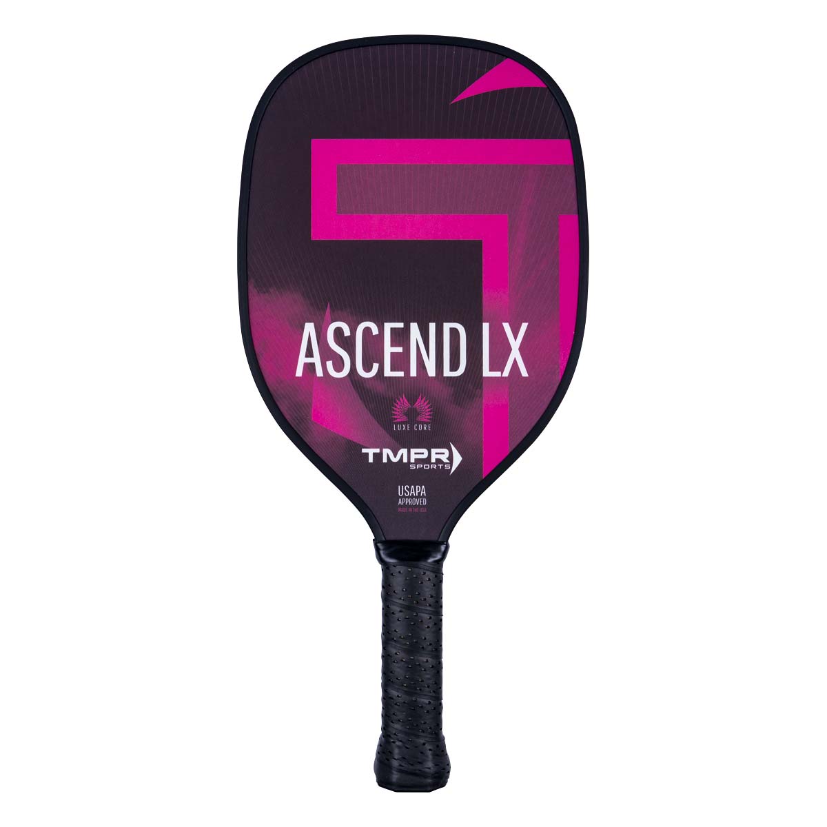 Front view of a black pickleball paddle with pink accents, ASCEND LX text, and a black grip.