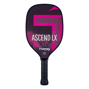 Front view of a black pickleball paddle with pink accents, ASCEND LX text, and a black grip.