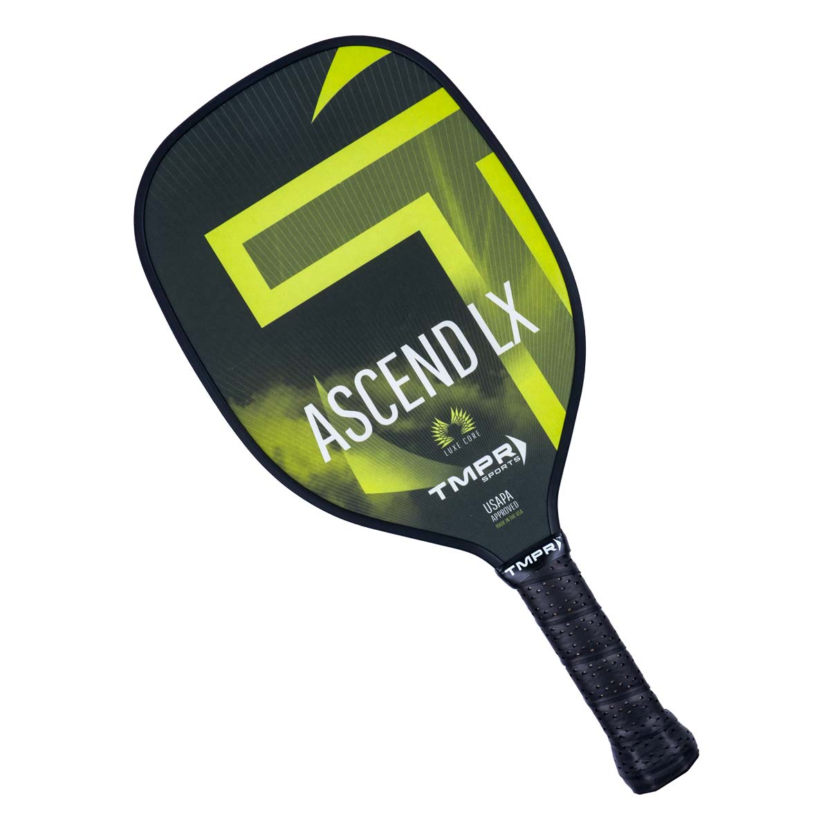 Top-down view of a black pickleball paddle with yellow accents, ASCEND LX text, and a textured grip.