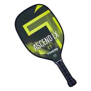 Top-down view of a black pickleball paddle with yellow accents, ASCEND LX text, and a textured grip.