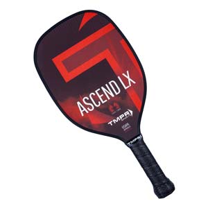 Front view of a red and black pickleball paddle with ASCEND LX text and USAPA approved logo.