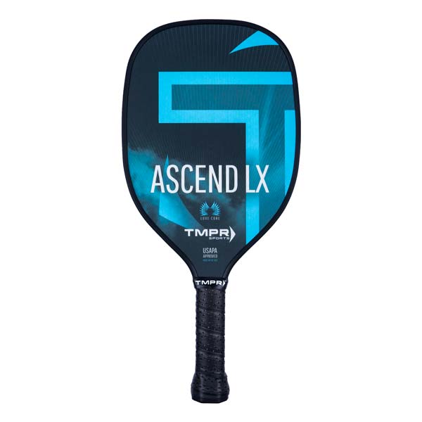 Front view of a black pickleball paddle with blue Ascend LX branding and a textured grip.