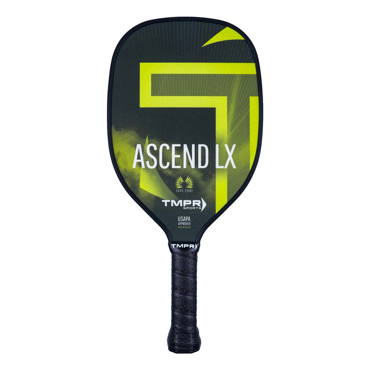 Front view of a black pickleball paddle with yellow Ascend LX branding and a textured grip.