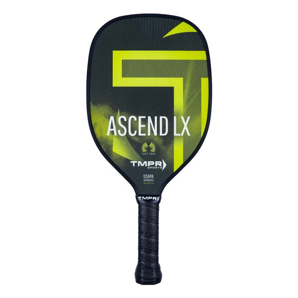 Front view of a black pickleball paddle with yellow Ascend LX branding and a textured grip.