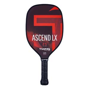 Front view of a black pickleball paddle with red accents, ASCEND LX text, and a black grip.