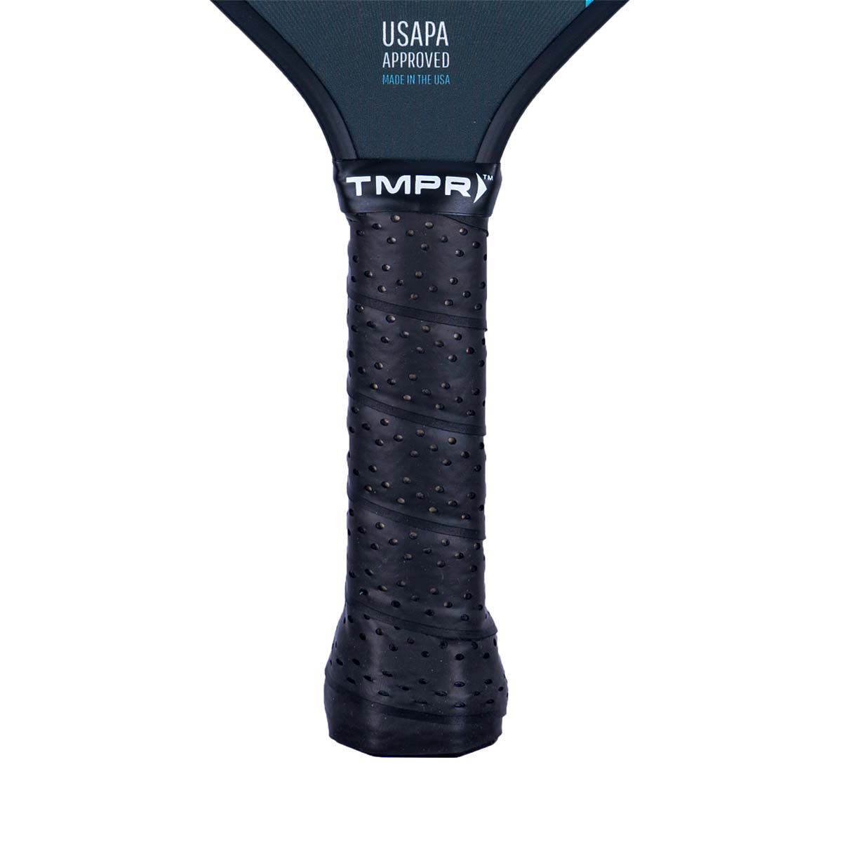 Close-up of a black pickleball paddle grip with a textured surface and the TMPR logo.