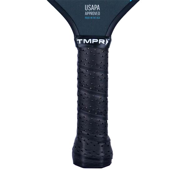 Close-up of a black pickleball paddle grip with a textured surface and the TMPR logo.