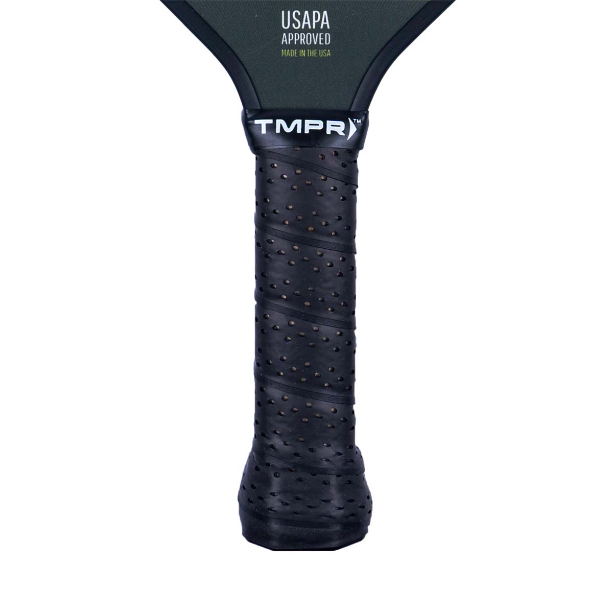 Close-up of a black pickleball paddle grip with TMPR branding and USAPA approved text.