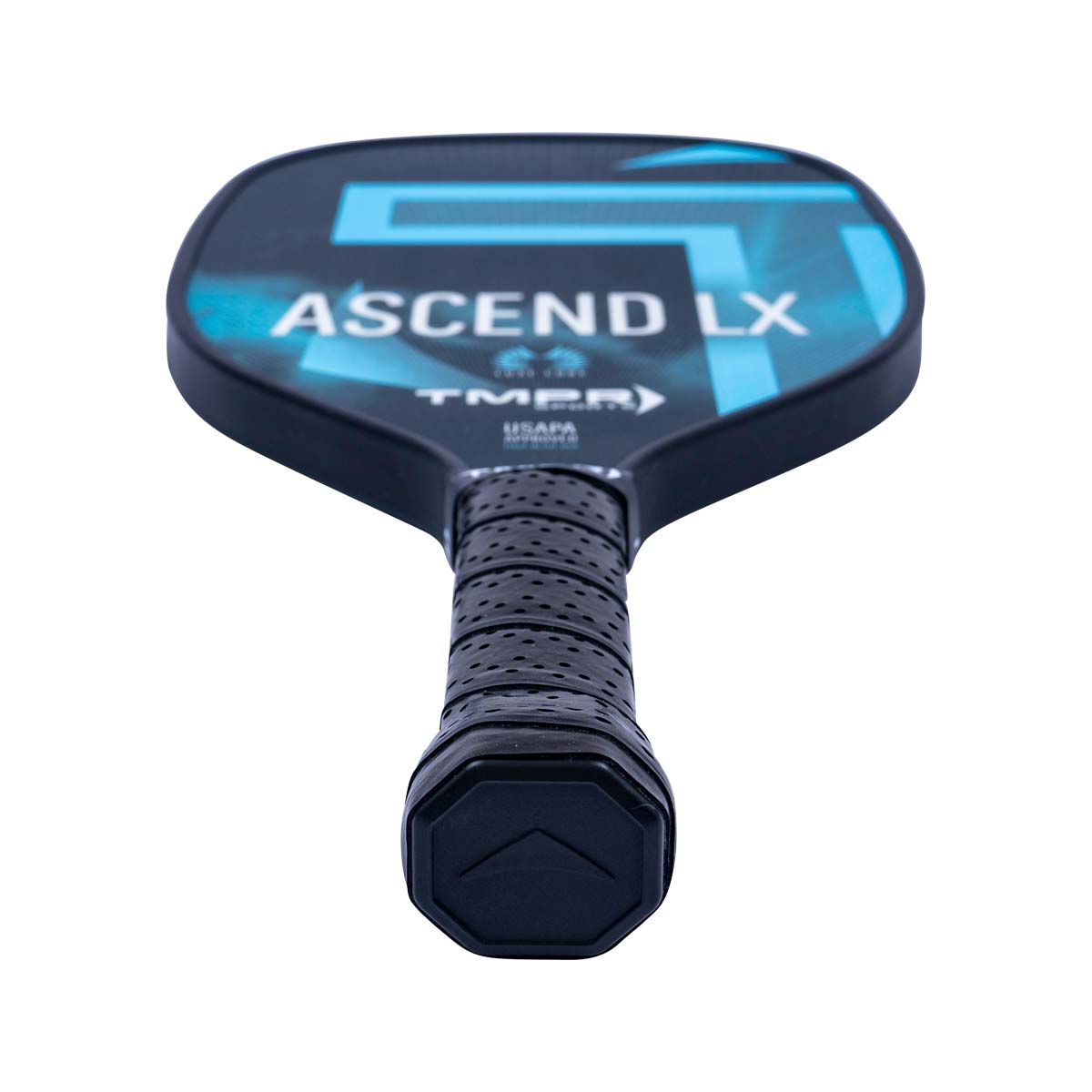 Top-down view of a black pickleball paddle with blue geometric accents, ASCEND LX text, and a perforated grip.