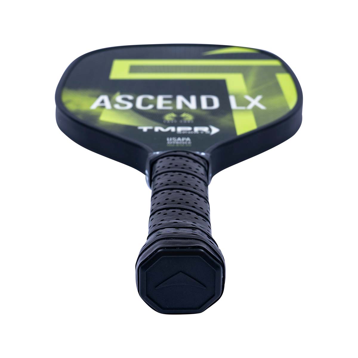 Top-down view of a black pickleball paddle with ASCEND LX text and a textured grip.