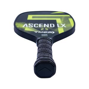 Top-down view of a black pickleball paddle with ASCEND LX text and a textured grip.