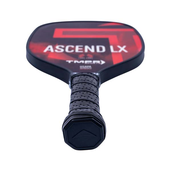 Top-down view of a black pickleball paddle with red Ascend LX branding and a perforated grip.