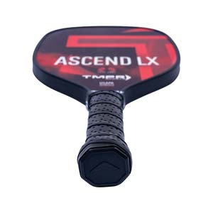 Top-down view of a black pickleball paddle with red Ascend LX branding and a perforated grip.
