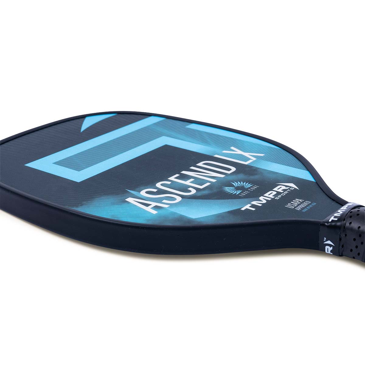 Side view of a dark blue pickleball paddle with ASCEND LX and TMPR branding.