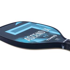 Side view of a dark blue pickleball paddle with ASCEND LX and TMPR branding.
