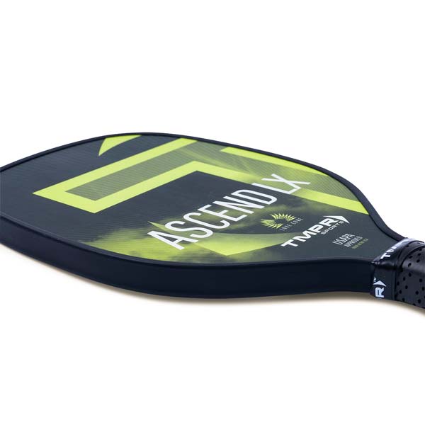 Side view of a black pickleball paddle with a neon green ASCEND LX graphic and TMPR Sports logo.
