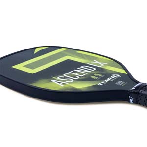 Side view of a black pickleball paddle with a neon green ASCEND LX graphic and TMPR Sports logo.