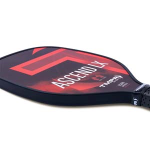 Side view of a black pickleball paddle with red graphic design, ASCEND LX text, and TMPR Sports logo.