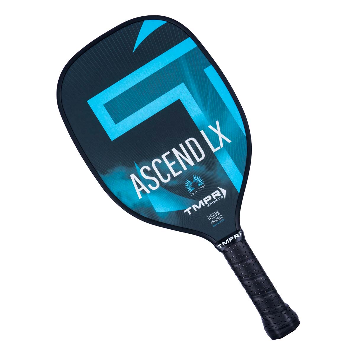 Front view of a dark blue pickleball paddle with blue geometric accents, ASCEND LX text, and a black grip.