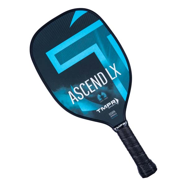 Front view of a dark blue pickleball paddle with blue geometric accents, ASCEND LX text, and a black grip.