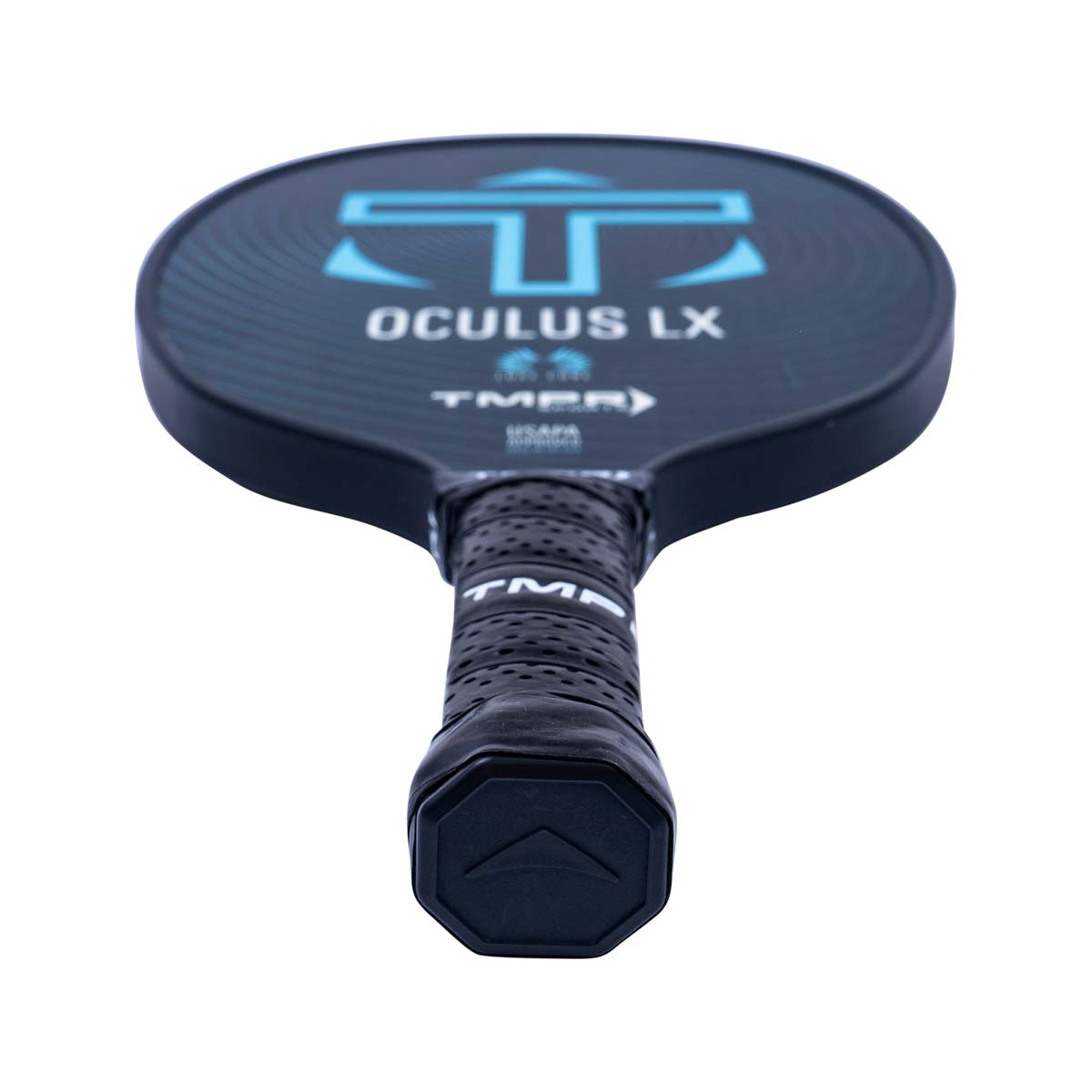 Top-down view of a dark blue pickleball paddle with OCULUS LX text and a blue logo.