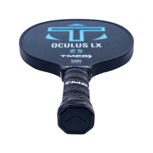 Top-down view of a dark blue pickleball paddle with OCULUS LX text and a blue logo.