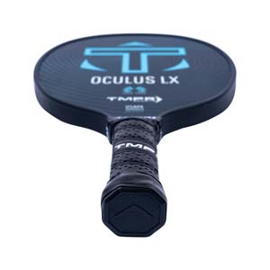 Top-down view of a dark blue pickleball paddle with OCULUS LX text and a blue logo.