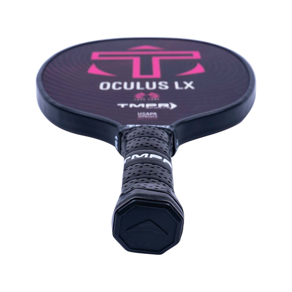 Top-down view of a black pickleball paddle with pink accents, OCULUS LX text, and a perforated grip.