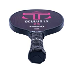 Top-down view of a black pickleball paddle with pink accents, OCULUS LX text, and a perforated grip.