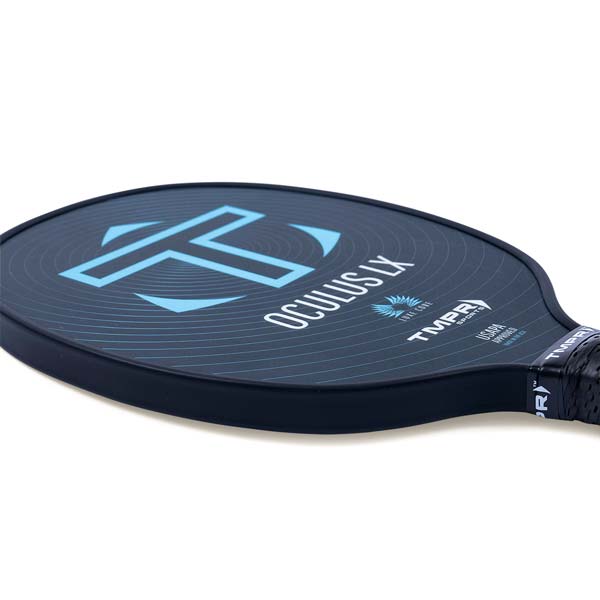 Side view of a dark blue pickleball paddle with a light blue T logo, OCULUS LX text, and TMPR SPORTS branding.