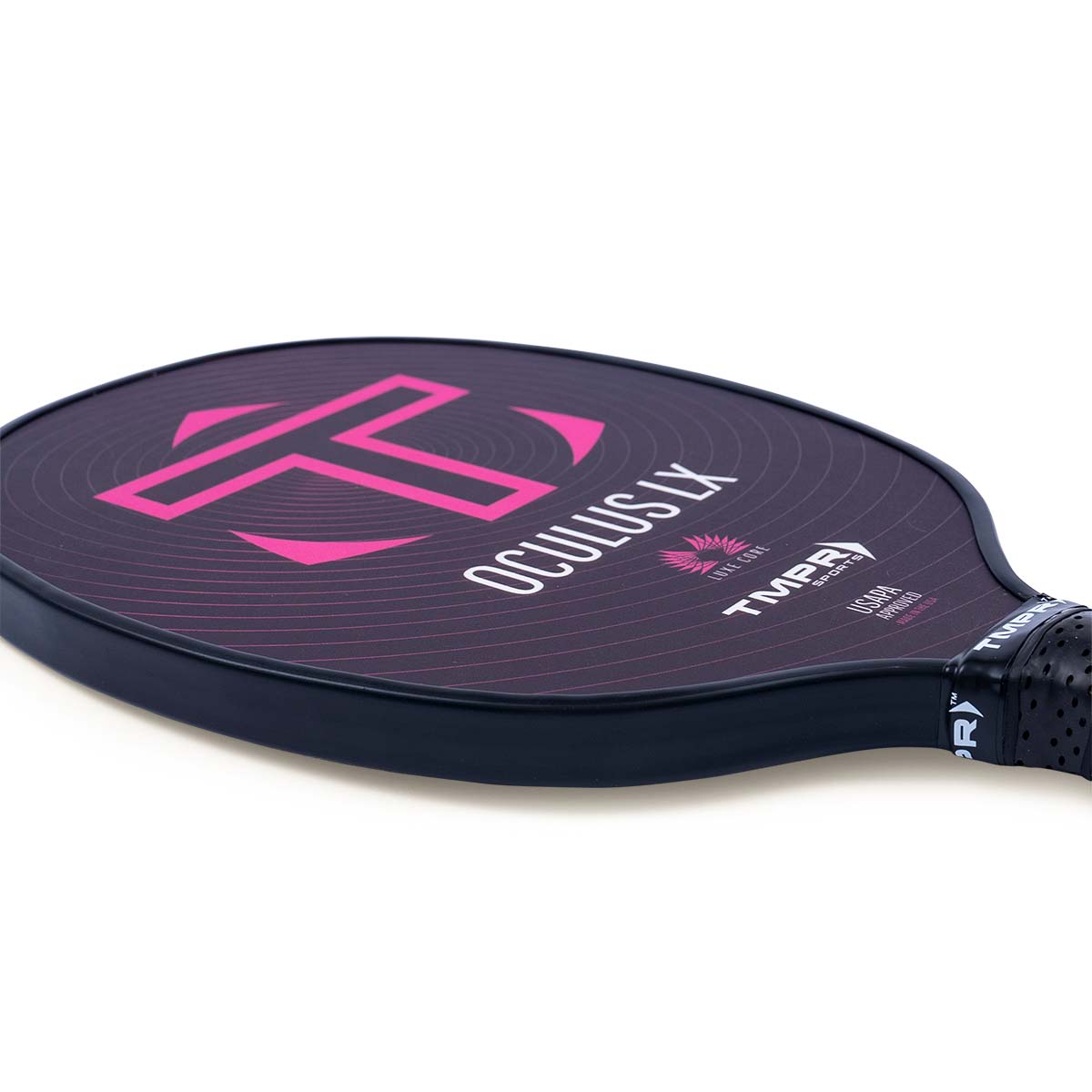Side view of a purple pickleball paddle with pink T logo and OCULUS LX text.