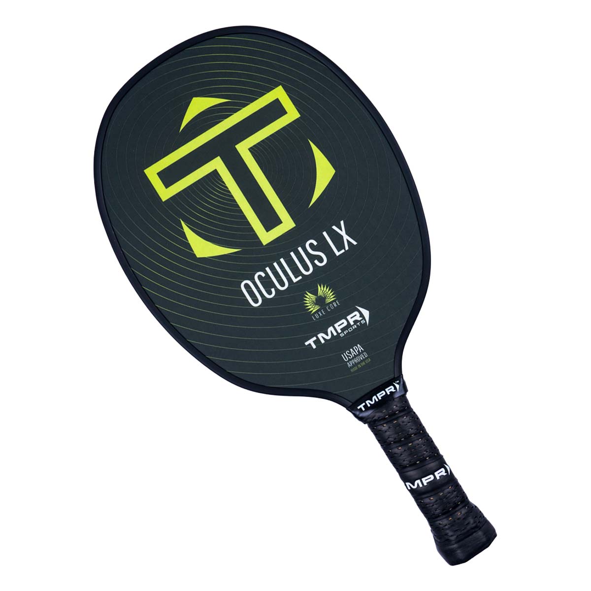 Top-down view of a black pickleball paddle with a yellow T logo, OCULUS LX text, and USAPA APPROVED label.