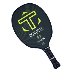 Top-down view of a black pickleball paddle with a yellow T logo, OCULUS LX text, and USAPA APPROVED label.