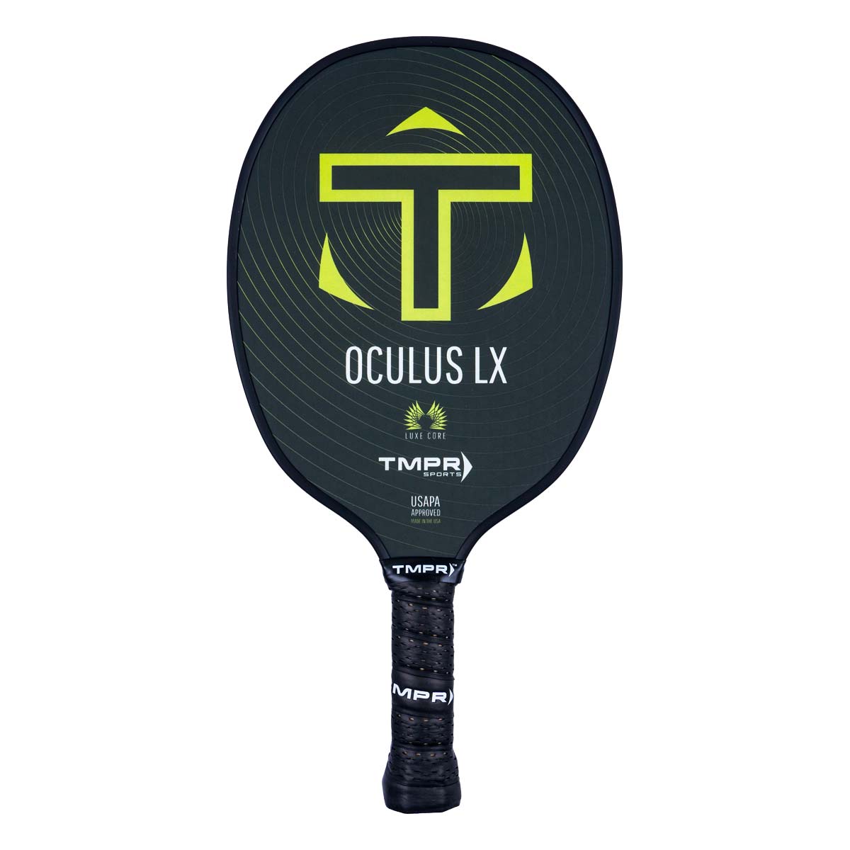 Front view of a black pickleball paddle with a yellow T logo, OCULUS LX text, and black grip.