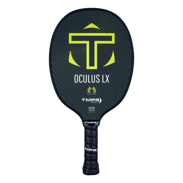Front view of a black pickleball paddle with a yellow T logo, OCULUS LX text, and black grip.