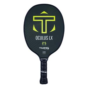 Front view of a black pickleball paddle with a yellow T logo, OCULUS LX text, and black grip.