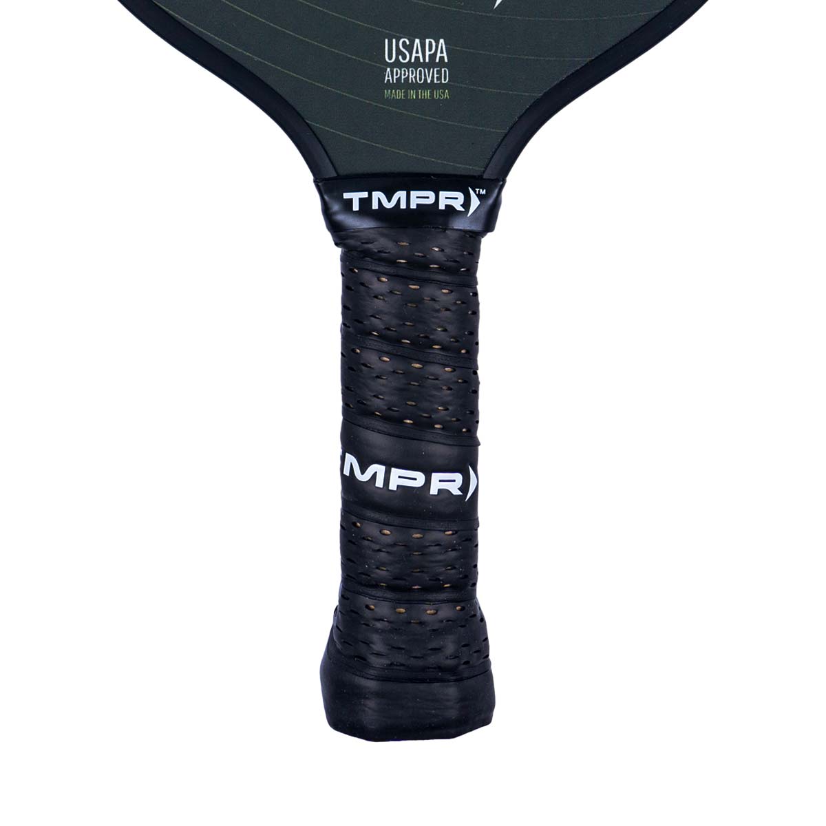 Close-up of a black pickleball paddle grip with TMPR and MPR branding and perforated texture.