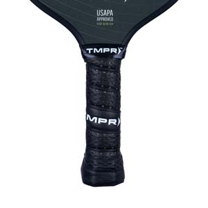 Close-up of a black pickleball paddle grip with TMPR and MPR branding and perforated texture.