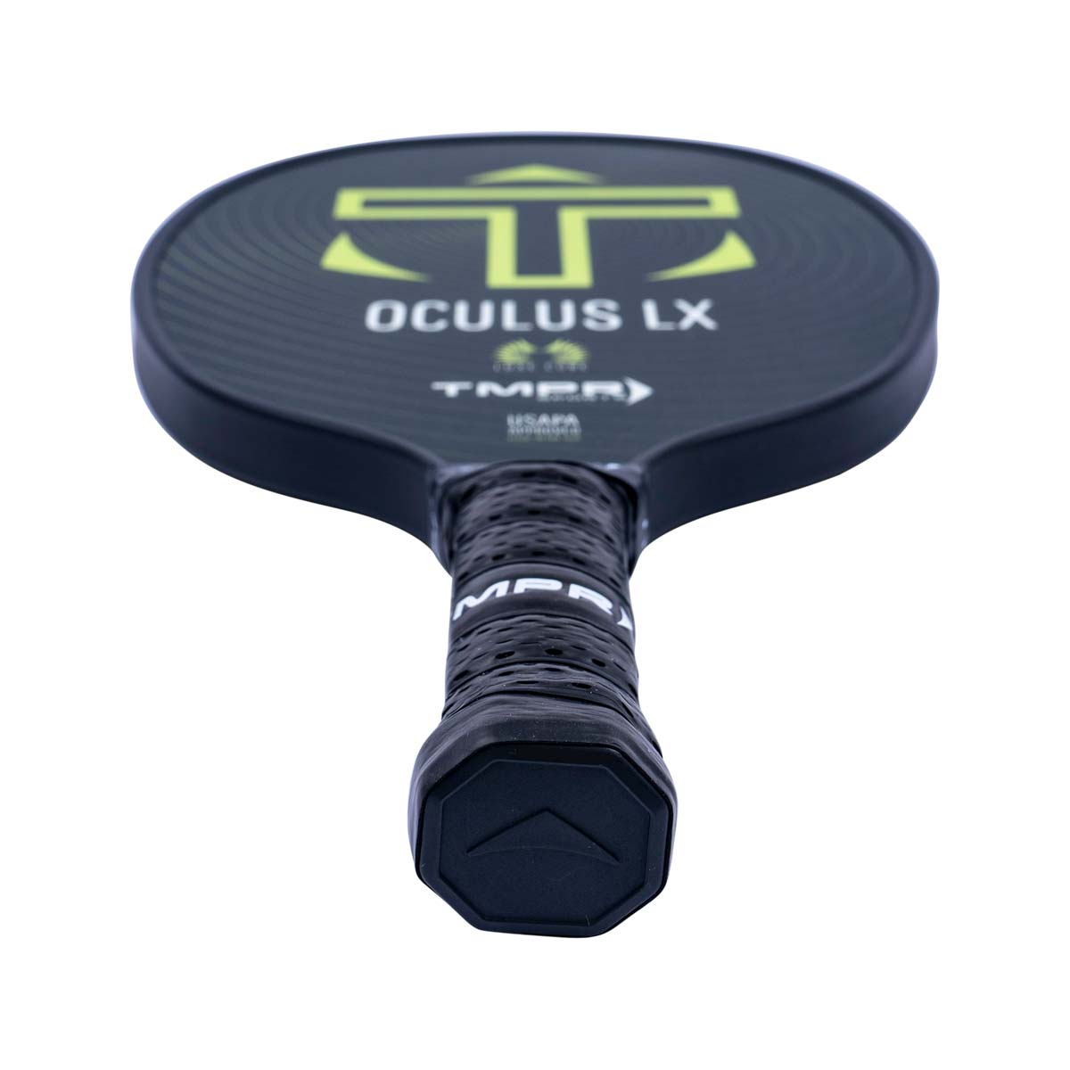 Top-down view of a black pickleball paddle with yellow TMPR logo, OCULUS LX text, and textured grip.