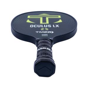 Top-down view of a black pickleball paddle with yellow TMPR logo, OCULUS LX text, and textured grip.