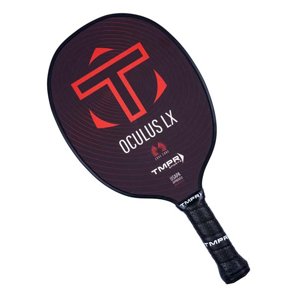 Top-down view of a dark red pickleball paddle with a red T logo, OCULUS LX text, and black grip.